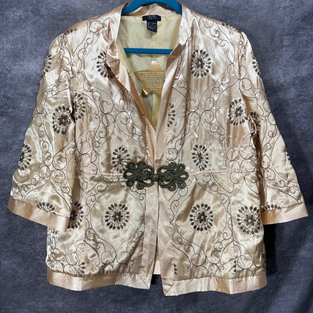 Hot in Hollywood Asian Style Gold Embroidered Jacket Sz L/XL Satin Frog Closure